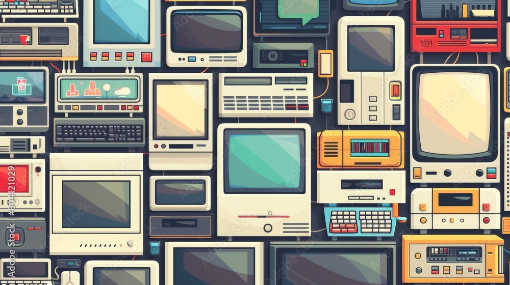Poster a retro software window on a computer desktop. drawing of a chat messenger, media player, internet c
