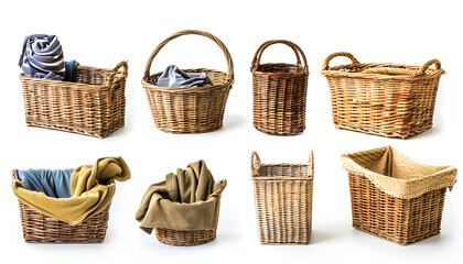 Obraz premium Set of many different wicker baskets with laundry isolated on white