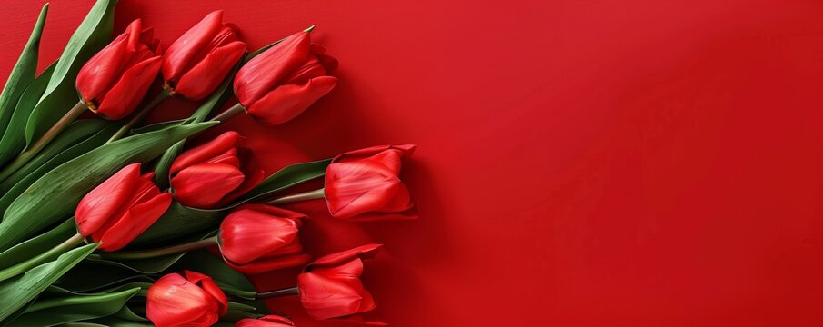 Red tulip bouquet flower background. Floral wallpaper, banner. February 14, valentine's day, love, 8 march international women's day theme