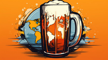generated Illustration international beer day, beer mug against world map