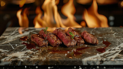 Tender slices of beef grill steak arranged elegantly on a marble countertop, with flames dancing in the background, food photograph, dynamic composition. Ai generated