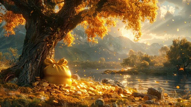 canvas bag with gold coins against a background of iridescent shiny bokeh. Banner with copy space.