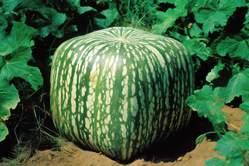 generated Illustration of fresh whole green square watermelon at farm