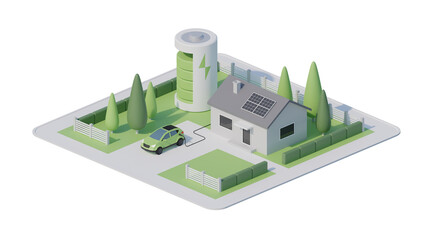 3D isometric green house with solar panels, electric car and battery storage