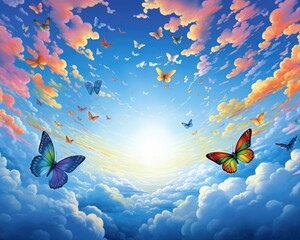Delicate rainbow butterflies flutter on a blue sky with clouds.