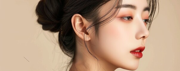 Pretty woman of Asian appearance makeup luxury charm beige background