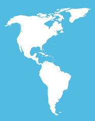 White silhouette of South and North America on the blue background. World map illustration with the American continents.