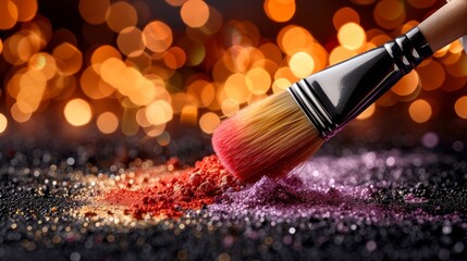 Hand with glove holding paintbrush with rainbow-colored paint splash on white wall background