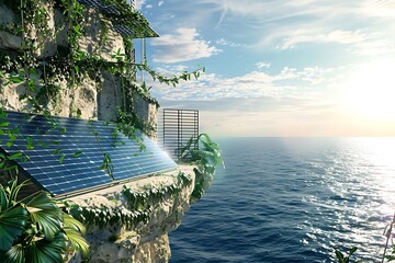 Synthetic photosynthesis panels on a cliff overlooking the sea. - Powered by Adobe