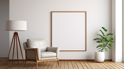 Empty frame in a living room interior with an armchair.