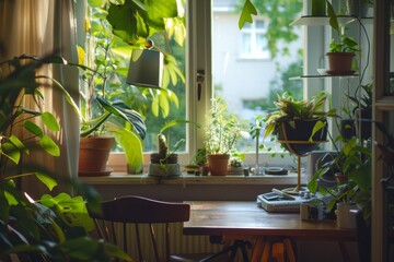 Professional Photography of a cozy home workspace with plants and natural light, promoting productivity and well-being in a remote setting, Generative AI