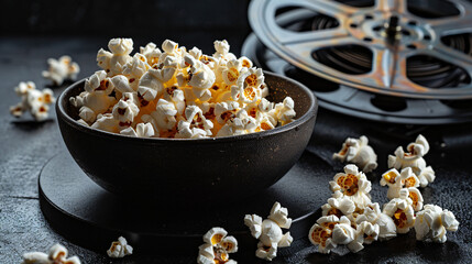 Obraz na płótnie Canvas Bowl with tasty popcorn and film reel on black background