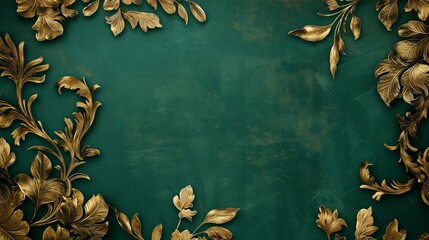 A luxurious wall background adorned with intricate gold leaf patterns on a deep emerald green canvas, radiating opulence and timeless elegance. 32k, full ultra hd, high resolution