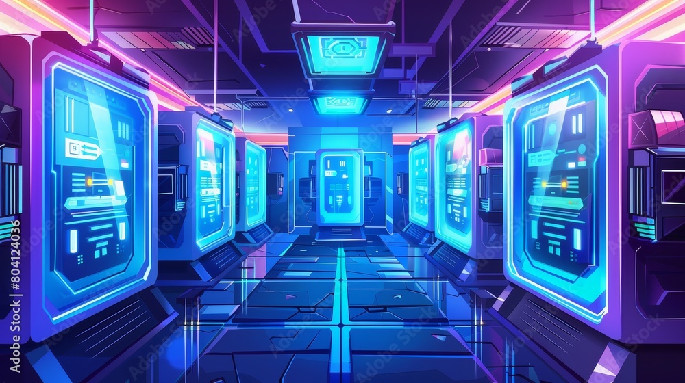 Poster spaceship data center room modern illustration showing an alien team in a cloud storage cube. hostin