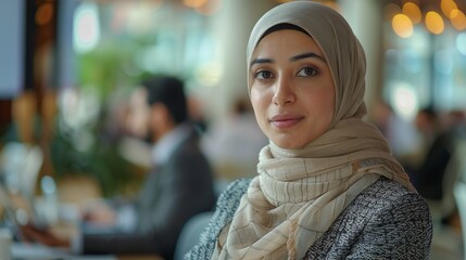 Confident Young Muslim Businesswoman in Modern Office Setting. Generative ai