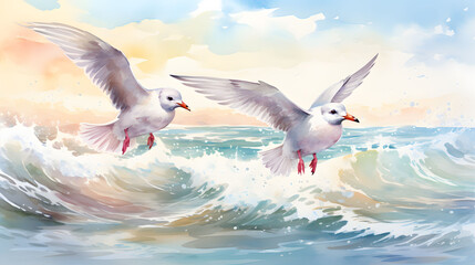 watercolor painting of seagulls flying above the ocean in minimal style.