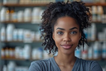 A portrait of a confident young woman with curly hair and a warm smile standing in front of a shelf with products