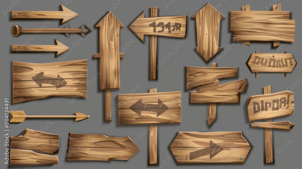 Poster a realistic set of wooden signboards indicating direction. modern illustration featuring arrows with