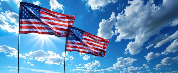 American flags waving in the summer breeze , professional photography and light