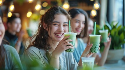 Smiling teenage girls drinking and enjoying Matcha Bubble boba milk tea with tapioca pearls, blurred cafe restaurant background. Summer drink concept. Generative ai