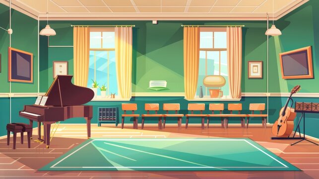 School kid classroom with piano and guitar lesson cartoon modern illustration. Child learns musician instrument for festival performance.