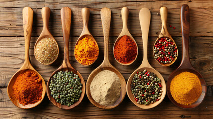 Bowls and spoons with different spices on wooden table