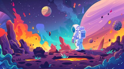 Inventive astronaut exploring planet in space cartoon fantasy modern background. Falling meteorite in outer cosmos scene. Lava puddle on cosmic surface with cosmonaut costume and helmet.