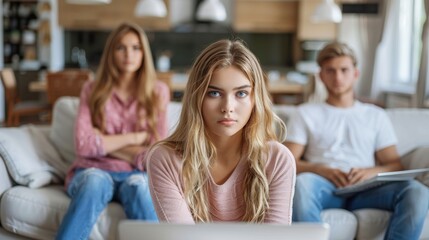 Sad teenage girl sitting with laptop at home, her parents in background. Teen scrolling through social media, Internet addiction in kids and adults. Generative ai - Powered by Adobe