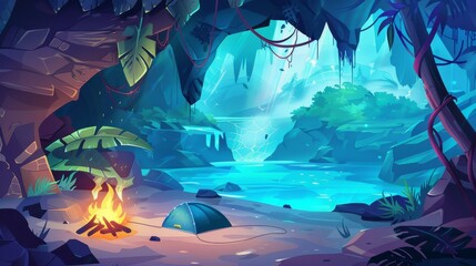 Typical tourist camp in a mountain cave with neon blue lake. Cartoon illustration of bonfires burning, sleeping bags near underground rivers, jungle grottos with lianas and cobwebs on the walls.