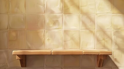 A realistic tiled kitchen wall with wood shelf and shadows. Modern illustration of a natural oak table top for cooking, a beauty product presentation platform, and a trendy beige interior element.