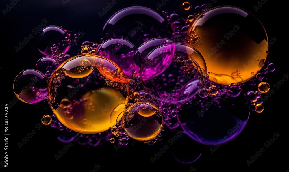 Poster purple and yellow soap bubbles in paint create an abstract design suitable for a colorful background