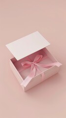 Blank open pink gift box or white present box with pink ribbon bow isolated on pink pastel color background with empty space minimal concepts 3D rendering