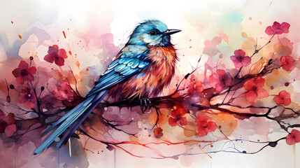 vibrant watercolor painting of nightingale bird.