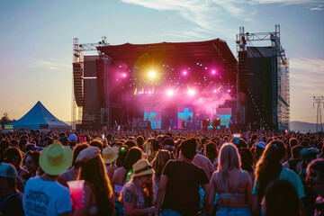 Open air concert. Stage and a large number of people having a good time at rave party or concert