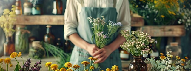 A woman holds medicinal herbs in her hands. Selective focus. Generative AI,