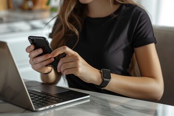 Modern Woman Working from Home Office with Laptop and Phone