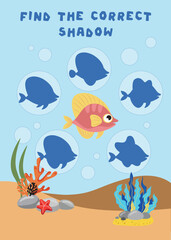 Mini games for children. preschoolers. Find the right shadow. Photo with cartoon fish. Games 3-4 years. Mini games for children. preschoolers. Development of logic in children.