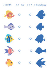 Mini-games for children. find the shadow of the fish, connect the fish with its shadow. simple logic games for preschoolers.
