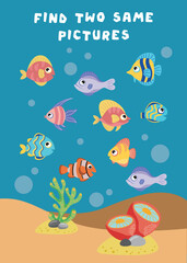 Mini-games for children. preschoolers. Find a couple of fish. Picture with cartoon fish. Games 3-4 years old. Mini-games for children. Logic development in children.