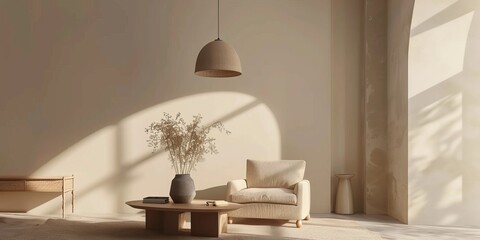 Interior of living room with pendant light, coffee table, armchair over beige mock up wall. Home design