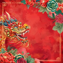 Obraz premium A Chinese new year template features traditional motifs and vibrant colors to celebrate the Lunar New Year, Watercolor Blank frame template Sharpen with large copy space