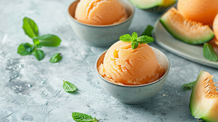 Bowls with tasty melon sorbet and mint on light background