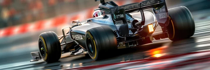  Formula 1 car racing on the circuit track while driving at high speed and accelerating at full power AIG44 © InfiniteFlow