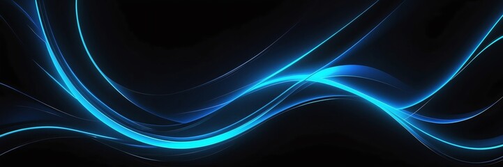 blue neon glowing bright curve lines on black luxury smooth shiny metal background from Generative AI