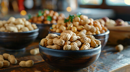 Bowls with tasty peanuts on table