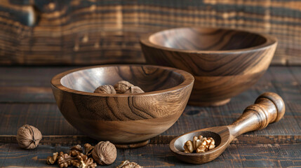 Bowls with walnuts and nutcracker on wooden background