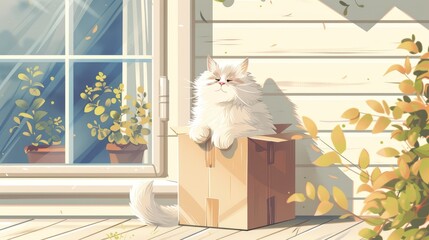 Animated cartoon illustration of a fluffy white kitten near house door looking for a new owner in sunny weather.