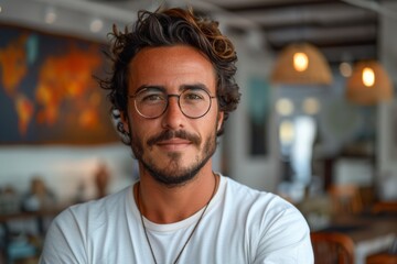 Obraz premium Casual yet stylish man with curly hair and glasses smiling warmly indoors