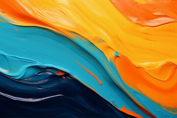 立体的な油絵・抽象背景バナー）ウェットなオレンジ・青緑・紺色のカーブ