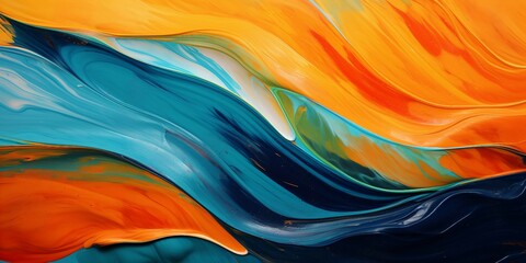 立体的な油絵・抽象背景横長バナー）ウェットなオレンジ・青緑・紺色のカーブ
